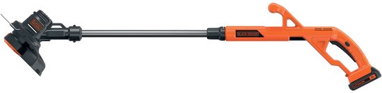 Oranje BLACK+DECKER grastrimmer met 18V accu, op witte achtergrond.