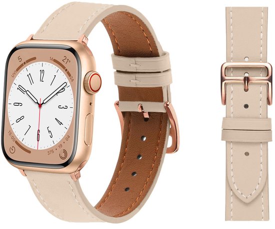 Stravo Slank PU-leren dames bandje voor Apple Watch – Dun leren horlogebandje met roségouden gesp – Beige – Geschikt voor Apple Watch 42mm (Series 11/10), 41mm (Series 9/8/7), 40mm (Series 6/5/4, SE 3/2/1), 38mm (Series 3/2/1)
