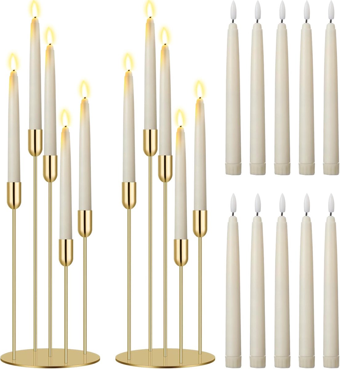 Set van 2 Gouden Kandelaars met 5 Armen en 10 Vlamloze LED Kaarsen voor Tafeldecoratie