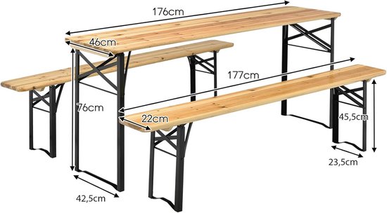KOMFOTTEU Campingtafel met stoelen, inklapbaar, biertentgarnituur met 1 biertafel en 2 bierbanken, picknicktafel opvouwbaar en ruimtebesparend, tuingarnituur, 176 x 46 x 76 cm, draagbaar van komfotteu — afbeelding 3