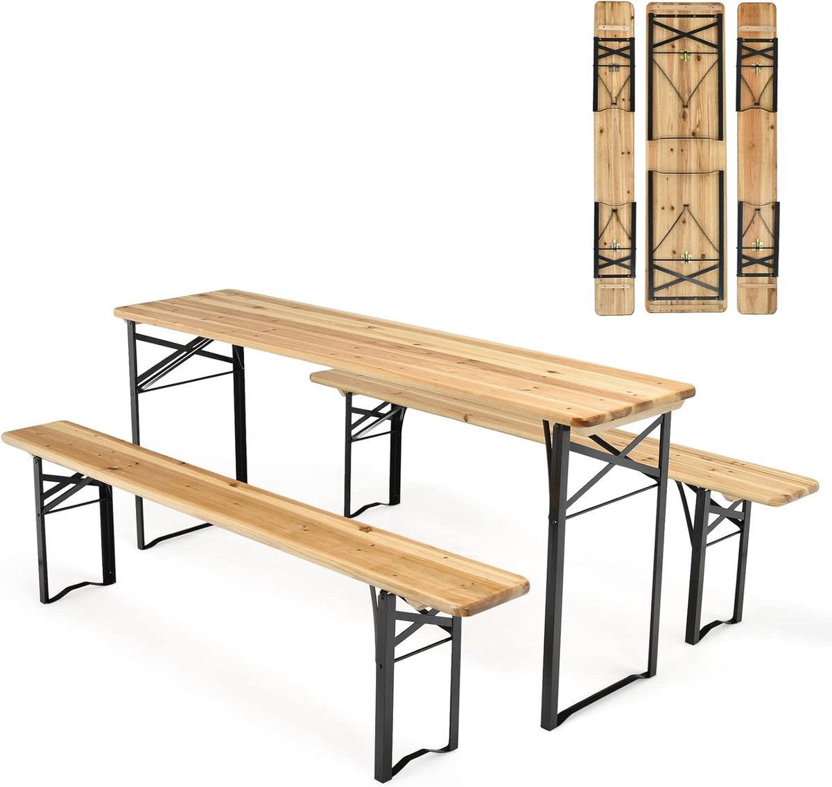 KOMFOTTEU Campingtafel met stoelen, inklapbaar, biertentgarnituur met 1 biertafel en 2 bierbanken, picknicktafel opvouwbaar en ruimtebesparend, tuingarnituur, 176 x 46 x 76 cm, draagbaar