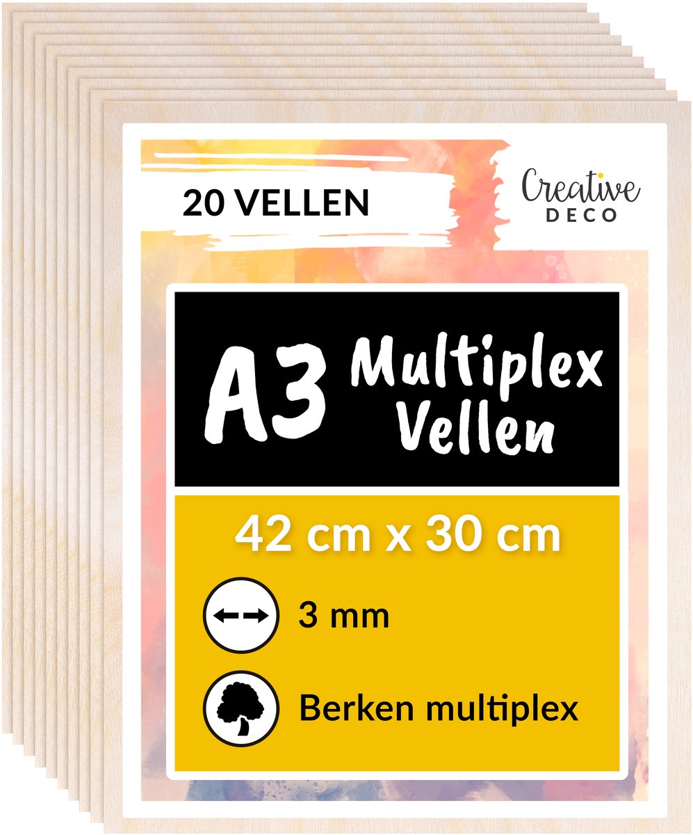 Creative Deco 20 x A3 Multiplex Platen 3mm | 420 x 300 x 3 mm (+/- 0.5 mm) | Baltische Berkenhoutlaag | Perfect voor Pyrografie, Lasersnijden, CNC-router, Modellering, Fretwerk, Rolzaag