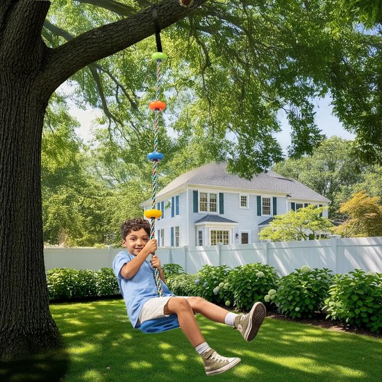 Enkelvoudige klimkoord- en schommelcombinatie voor buiten – inclusief klimhaak en boomriem – kinderschommel voor in de boom, speeltoestelaccessoires – kleurrijk touw — afbeelding 5
