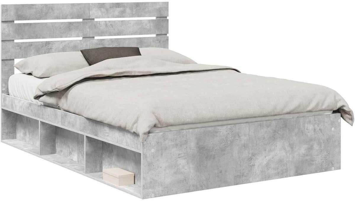 vidaXL - Bedframe - met - hoofdeinde - Beton - 140 - x - 200 - cm - Massief - grenenhout