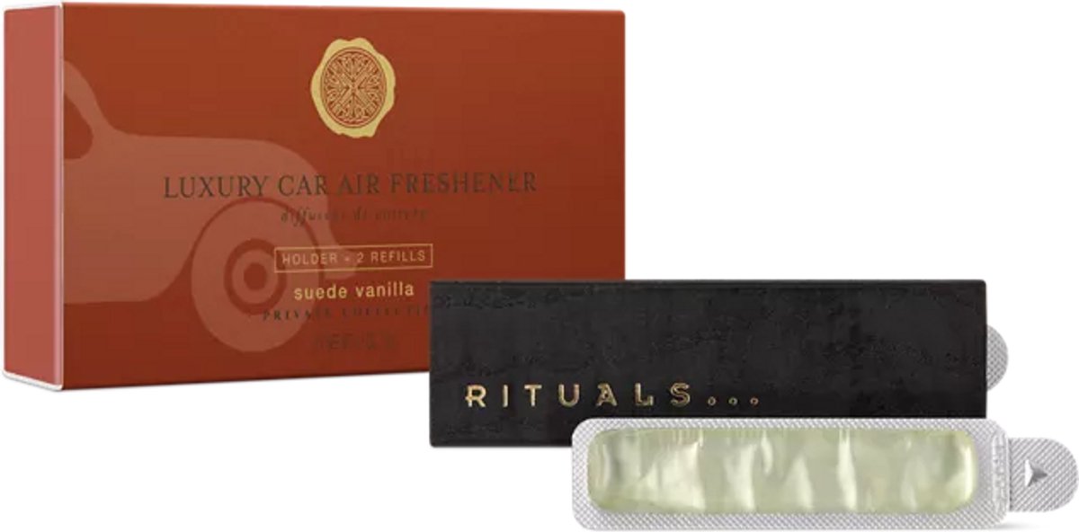 Rituals - Auto Parfum - 2x Auto Luchtverfrisser Refills 3 gram + 1x Houten Houder voor Luchtverfrisser - Suede Vanilla - Houtige vanillegeur - Autoparfum - Car Perfume - Refill - Navulling