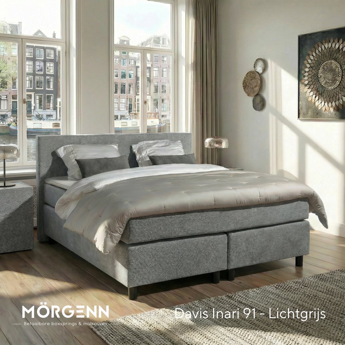 Mörgenn Boxspring Amsterdam - Pocketvering - Lichtgrijs - 120x220 cm - Inclusief Dekbed en Kussens