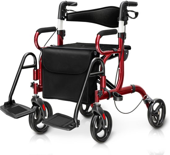 COSTWAY Rollator opvouwbaar en licht, met zitting, 2-in-1 rolstoel & reisrollator, loophulp, 6-voudig in hoogte verstelbaar, loopwagen met tas, rem en stokhouder, aluminium, inklapbaar voor senioren