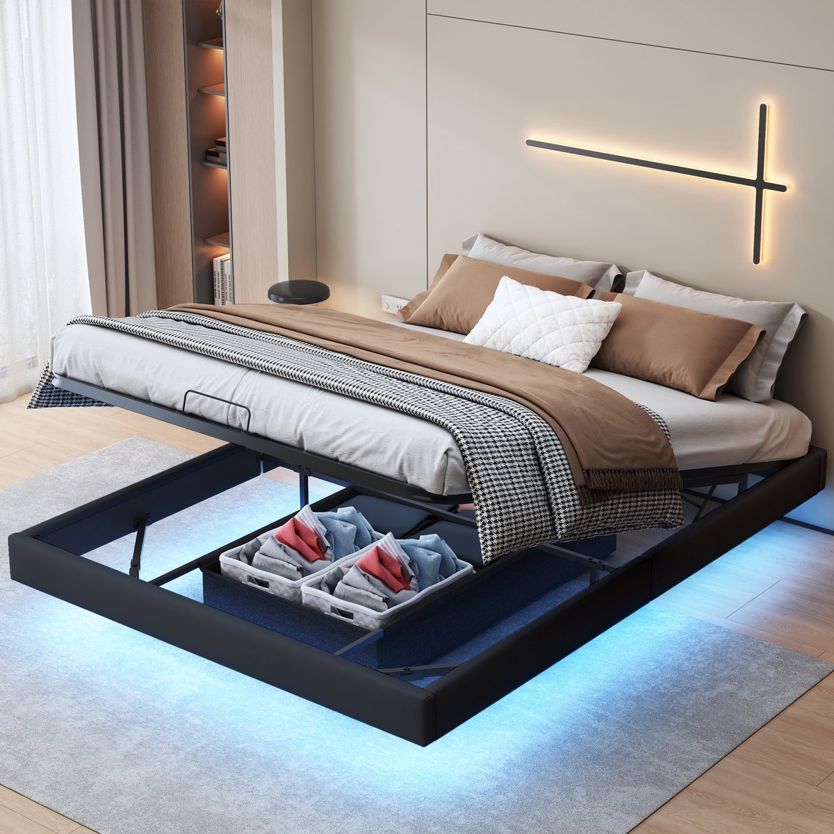 Zwevend Opbergbed 160x200 – Zwart PU Bedframe zonder Hoofdbord – Modern Floating Bed