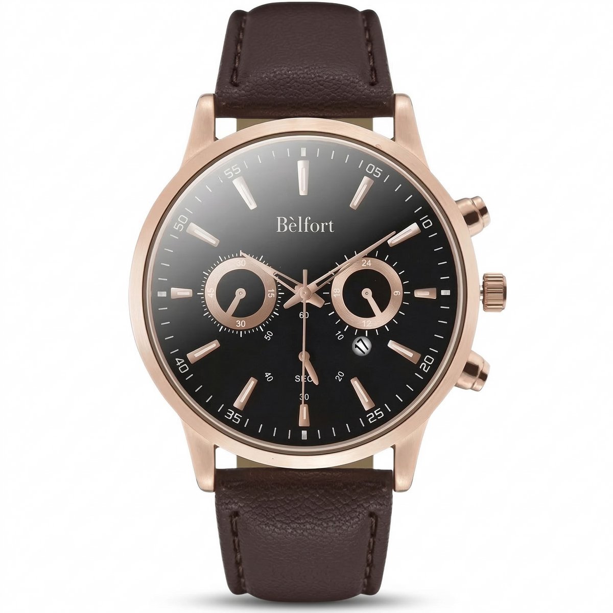 Bèlfort Horloge Analoog Montclair - Heren - Leer - Bruin - Brown Gold - Premium Lederen Horloge Band - 43mm - Water Resistance Watch