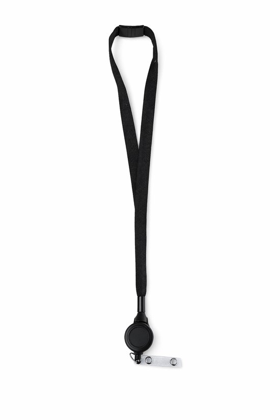 Zwarte keycord met oprolbare badgehouder. De keycord heeft een verstelbare lus en een karabijnsluiting.