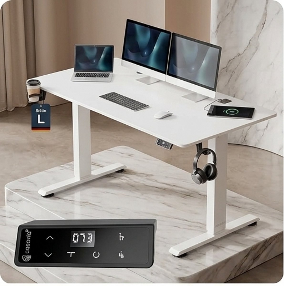 ErgoFlex Elektrisch In Hoogte Verstelbaar Bureau 140x70 cm – Modern Thuiswerk & Gaming Bureau met LCD-Display, Geheugenfunctie, Draadloze Oplader, USB-C/A Poorten, 80 kg Belastbaar – Ergonomisch Wit A-Furniture — cadeau in Cadeau-ideeën - foto 3