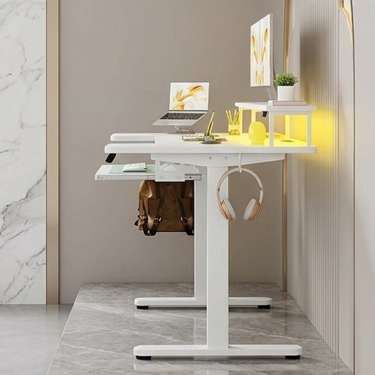 Ergonomisch Elektrisch In hoogte Verstelbaar Bureau met Monitorstandaard, USB & Stopcontacten – Sta-Zit Bureau 140 cm – Thuiskantoor, Gaming & Werkplek – A-Furniture
