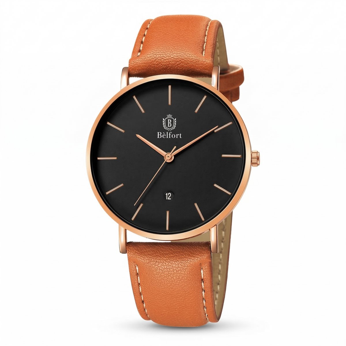 Bèlfort Horloge Analoog Dumont - Heren - Leer - Bruin - Brown Gold - Premium Lederen Horloge Band - 42mm - Water Resistance Watch