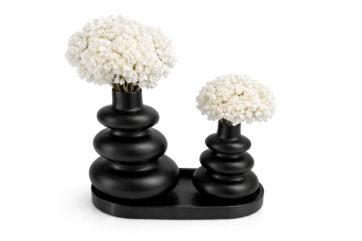 QORVANE Home - 3-delige Zwart vaas set met tray - decoratieve siervazen voor moderne woondecoratie