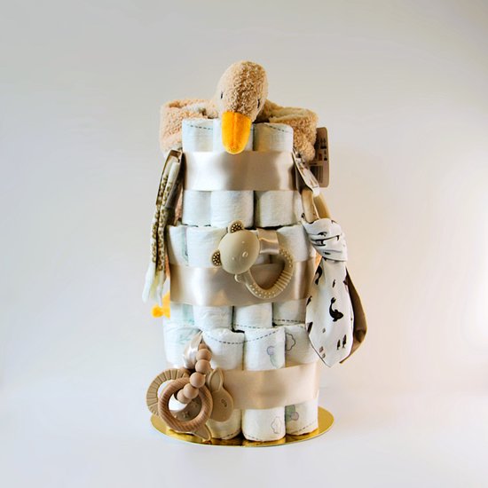Luiertaart - Beige - eend knuffeldoek - gender neutraal - geboorte - kraamcadeau - babyshower - baby - jongen - meisje - boy - girl - Pampers van Merkloos — afbeelding 2
