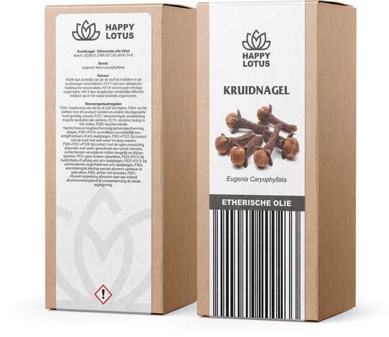 Verpakking met kruidnagelolie. Tekst: HAPPY LOTUS, Kruidnagel, Eugenia Caryophyllata, Etherische olie.