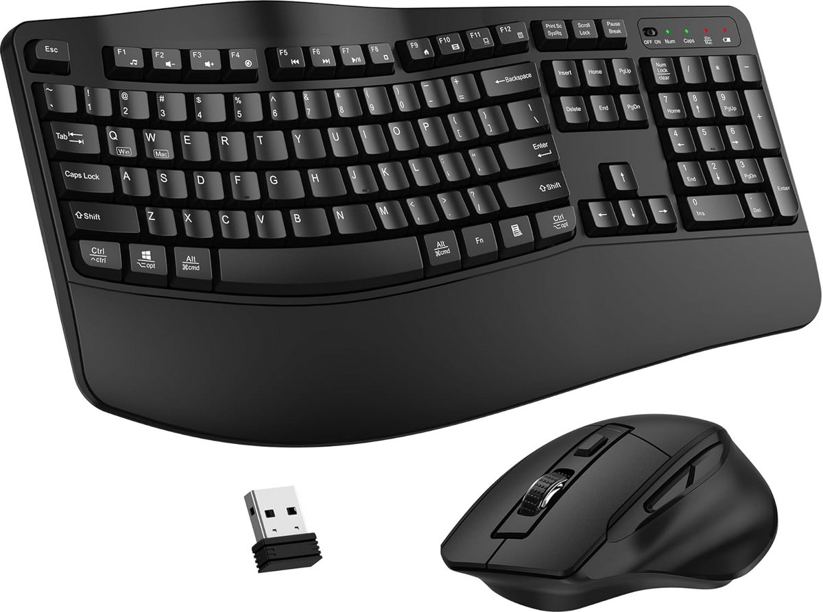Draadloos Ergonomisch Toetsenbord en Muis Set met Polssteun