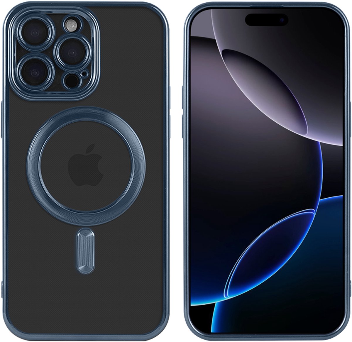 iPhone 16 Pro Max Hoesje (Blauw) Transparant – MagSafe Compatibel – Shockproof Case – TPU + PC – Draadloos Opladen – Camera- en Schermbescherming – Luxe Design