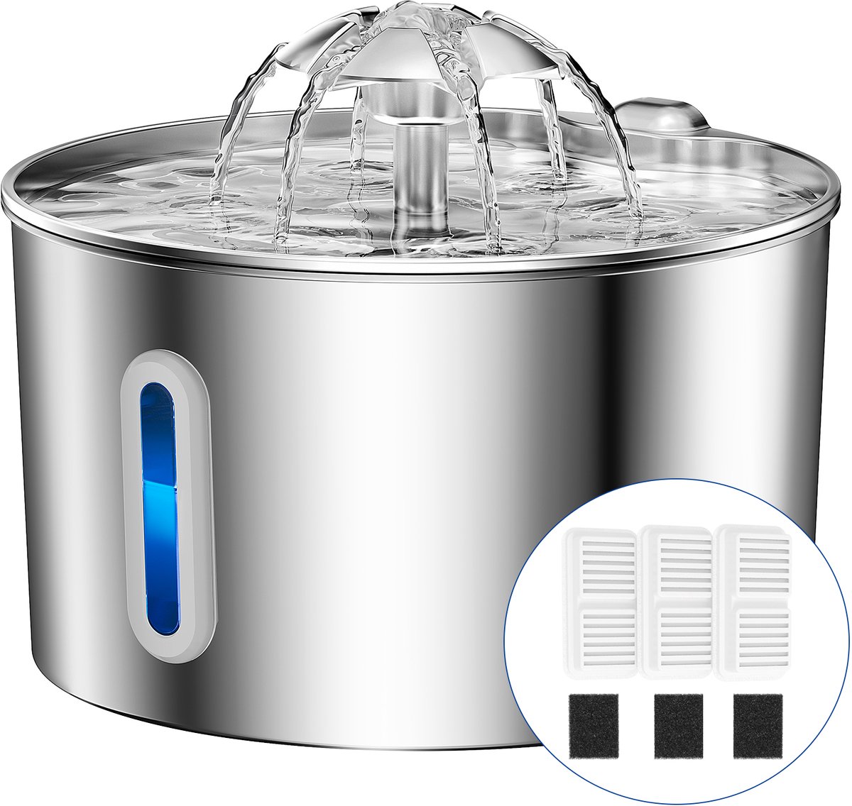 Balimo - RVS Drinkfontein Kat - Waterdispenser incl. 6 filters - 2.2 L Waterfontein Kat en Hond - Kattenfontein - Fluisterstil - Zilver