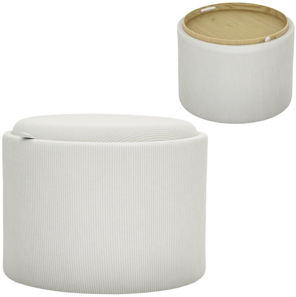 Wishdor Opbergpoef - Met Verborgen Opbergruimte En Omkeerbaar Blad - Rond - Voor Woonkamer - Polyester - Crèmewit - 56 x 56 x 42 cm Romig wit