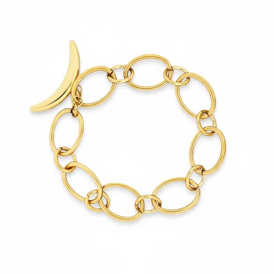 Bracelet doré à maillons ovales et fermoir en croissant de lune, isolé sur fond blanc.