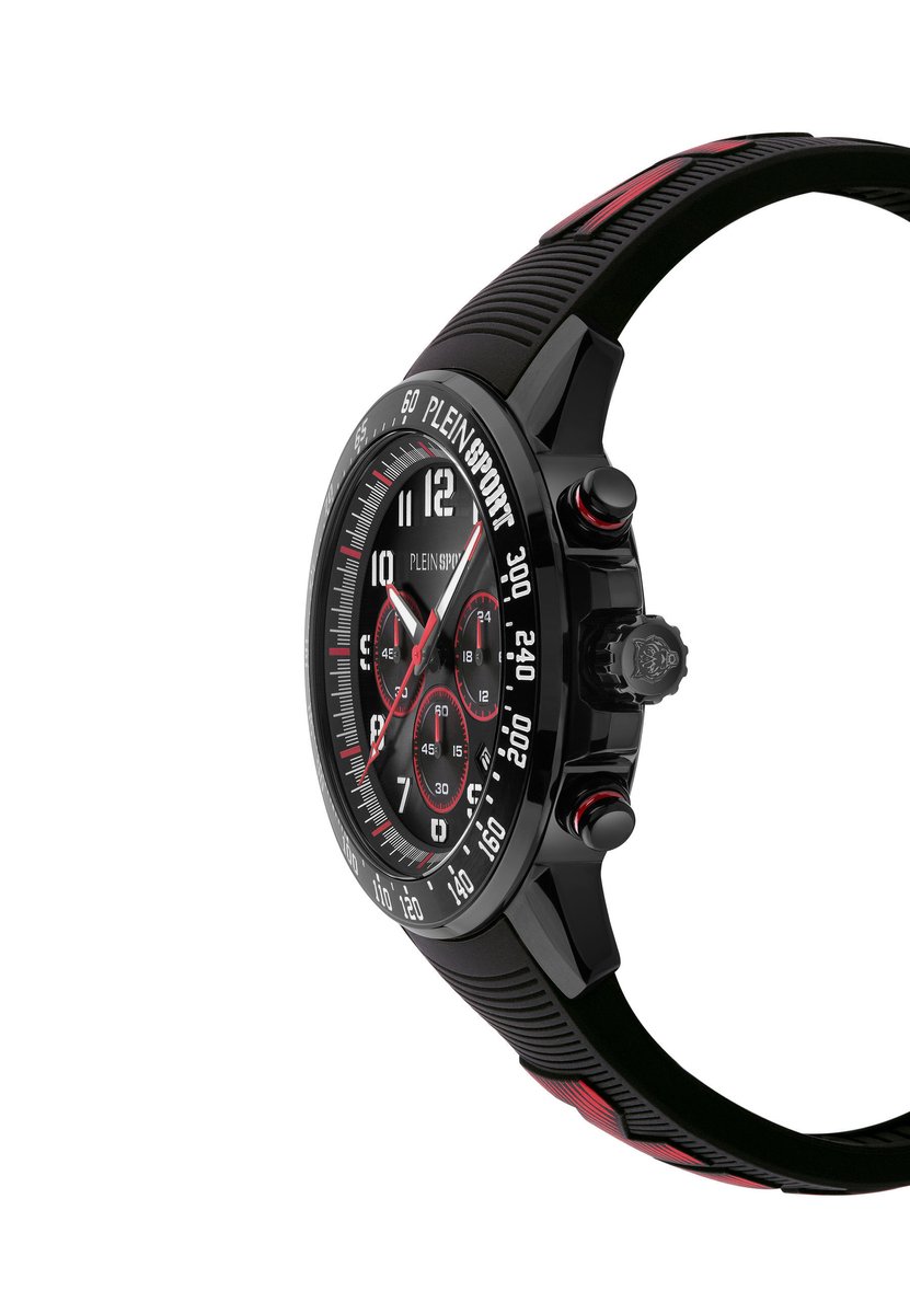 Plein Sport Chronorace Quartz Chronograaf Horloge Zwart En Rood Kast: 100% Gerecycled Roestvrij Staal| Armband: Siliconen 45 mm PSJGA0126, PSJGA0226, PSJGA0326, PSJGA0526