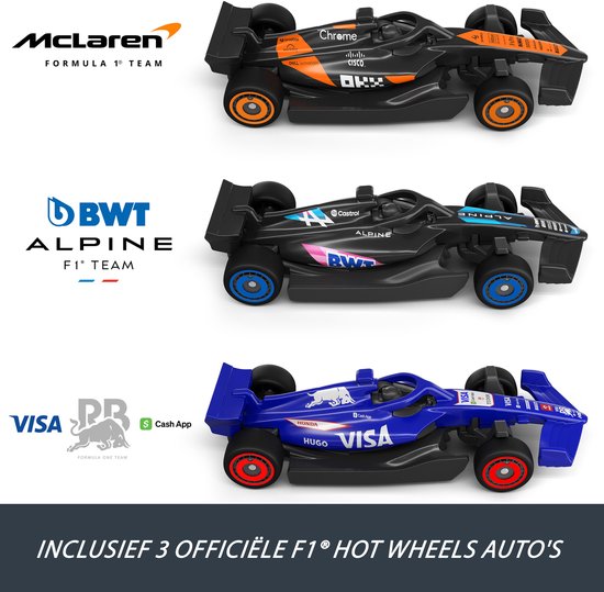Drie Hot Wheels F1 speelgoedauto's: McLaren F1 Team, BWT Alpine F1 Team en Visa Cash App RB F1 Team.