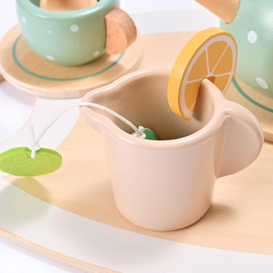 Houten theeservies voor kinderen - Houten speelkeukenaccessoires - Theeservies - Theeset voor een theefeestje - Houten speelkeuken voor kinderen - Kinderservies, rollenspelcadeau - voor meisjes en jongens - Groen — afbeelding 4