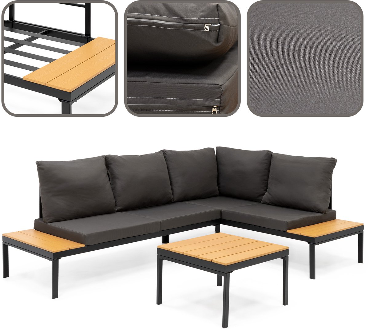 Springos Tuinmeubelset - Loungeset - Tuinmeubilair - Bank - Stoelen - Tafel - Kussens - Zwart - Bruin - Staal - Hout - 150 Kg thumbnail 3