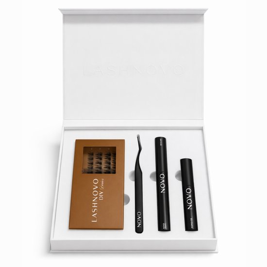 Lashnovo bundel met DIY Lashes, pincet, Bond, Sealant en Remover in witte doos.