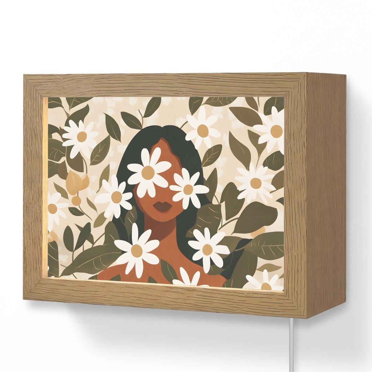 Wandlamp 20x15 cm - Oplaadbaar - Illustratie - Vrouw - Madeliefjes - Wit - Wandlampen binn