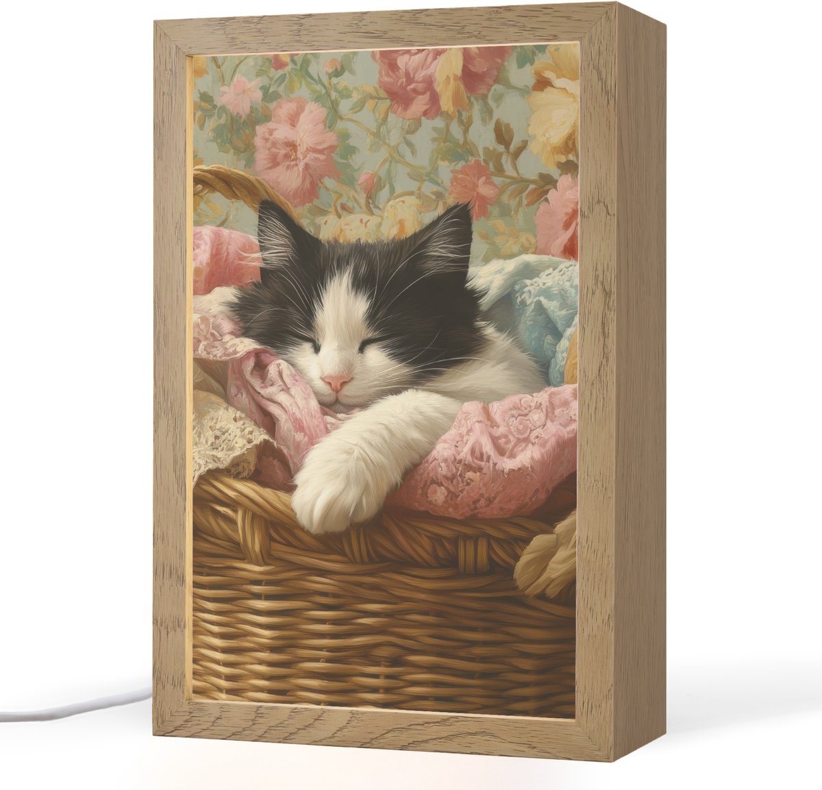 Tafellamp 20x30 cm - LED lamp - Kat - Bloemenprint - Rieten mand - Decoratieve tafellampen - Dimbaar - Tafellampje slaapkamer - Woonkamer binnen