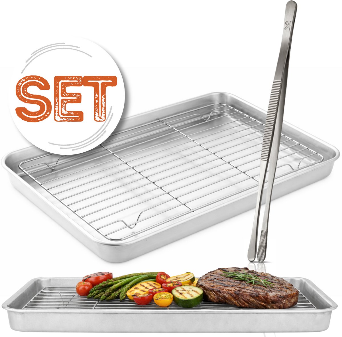 Braadslede met Afkoelrooster 304 RVS 31,8 x 24,8 x 3 cm + Zilveren Keukenpincet 30,5 cm – Oven, BBQ & Airfryer Set