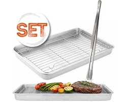 Braadslede met Afkoelrooster 304 RVS 31,8 x 24,8 x 3 cm + Zilveren Keukenpincet 30,5 cm – Oven, BBQ & Airfryer Set