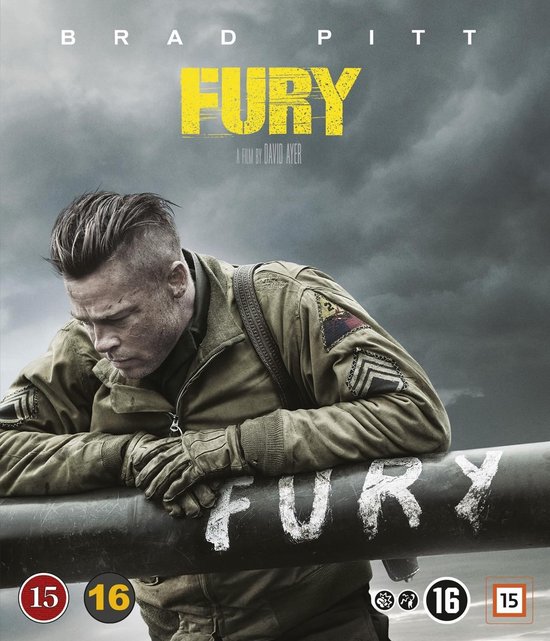 Hoes van de film "Fury" met Brad Pitt in legerjas, met de tekst "FURY". Leeftijdsindicatie 16.
