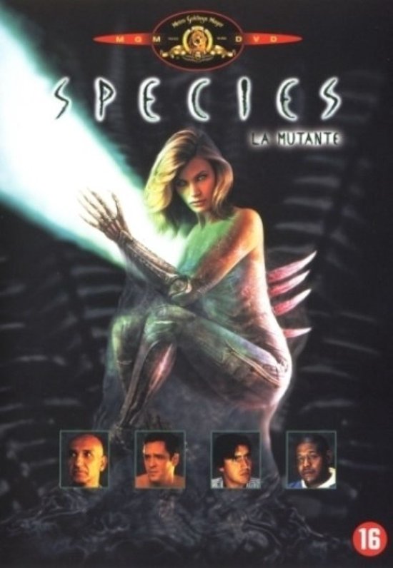 Poster van de film Species met een vrouw in een gehurkte positie, met een gloeiende hand.