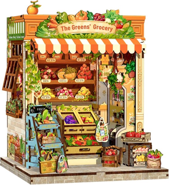 CuteBee CWGC213 The Green Life Bookshop Book Nook Bouwpakket | Miniatuur theatrale huisjes pakket modelbouw voor volwassenen | Houten 3D Puzzel | Woonkamer decoratie boekensteun | Led lights verlichting ingebouwd | DIY boekenhouder collectie