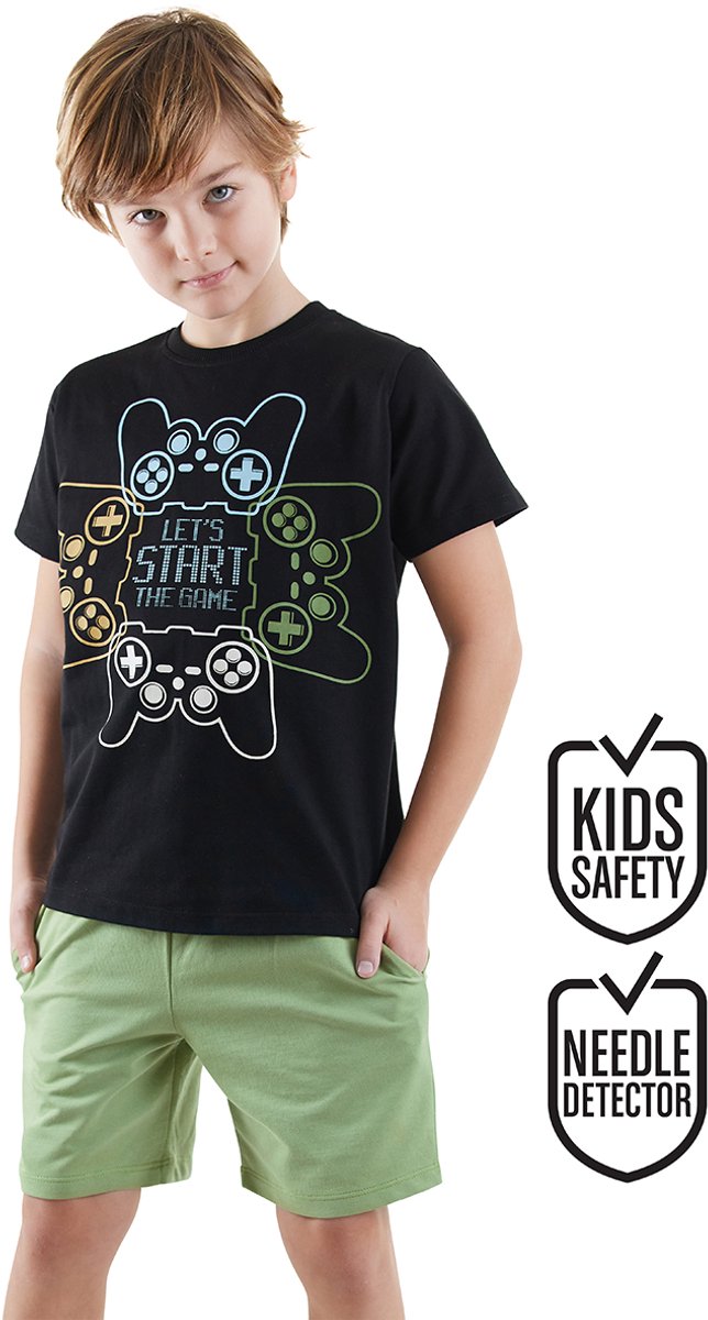 Denokids CFF-25Y1-041 Zwart Jongens T-Shirt en Shorts Set met "Let's Start the Game" Print 128