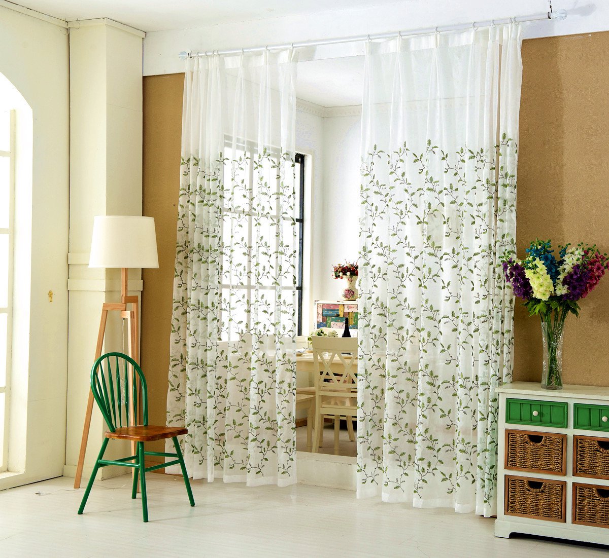 Floraweg Crèmekleurige, semi-transparante vitrages met borduursels van frisgroene bladeren; kant-en-klare decoratieve gordijnen voor slaapkamers, woonkamers en balkons, 132x160cm wit