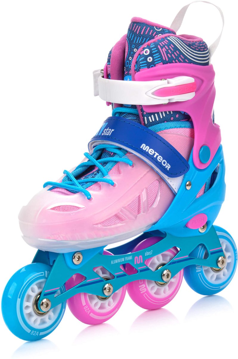 Meteor - Inlineskates Loky - Maat 34-37 - Roze/Blauw - Verstelbaar - LED-wielen - ABEC-7 - Met rem
