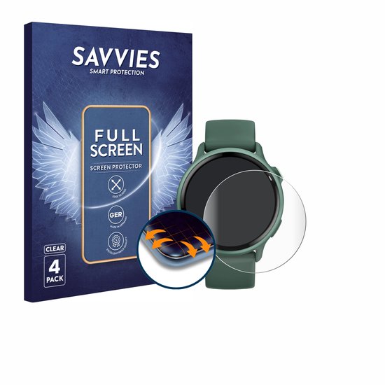 Groene smartwatch met een SAVVIES Full Screen screenprotector verpakking en een losse screenprotector.