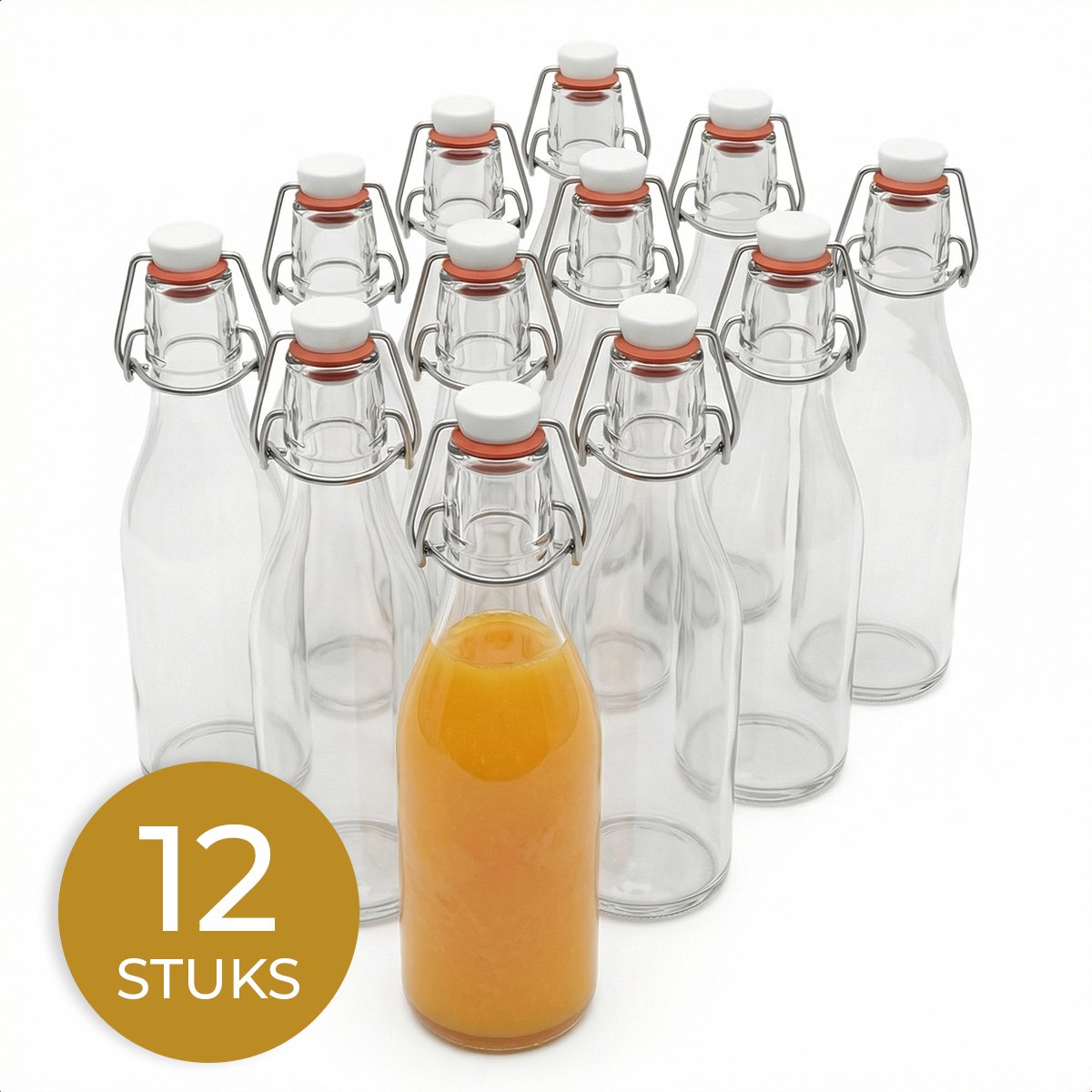 Glasverpakkingen® Beugelfles - Waterfles - 12 Stuks - Glazen Flesjes met Dop - 200 ml - Hervulbaar - Sapfles - Sapflesjes - Smoothie Fles - Sausfles - Weckfles - Inmaakfles - Beugelsluiting