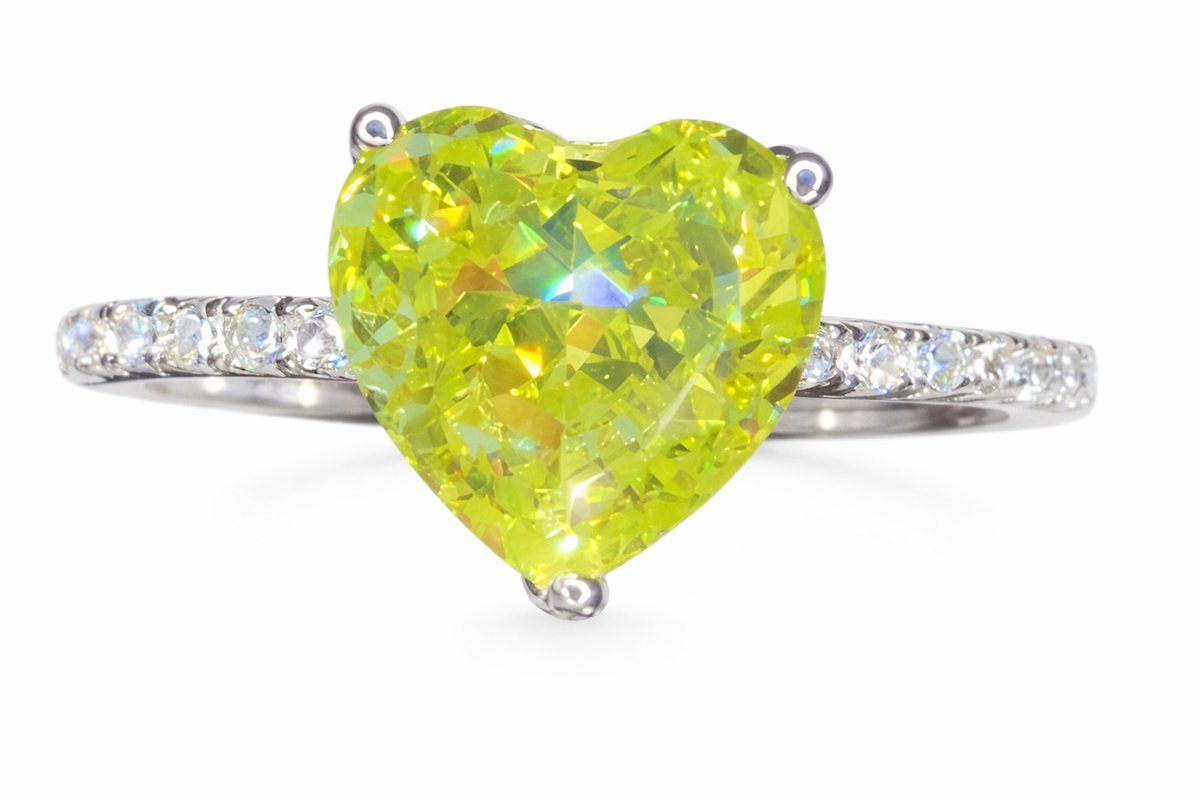 925 Sterling Zilveren Ring met Gele Hartvormige CZ – Rhodium Plated – Damesring – Maat 6.5 – Romantisch Sieraad