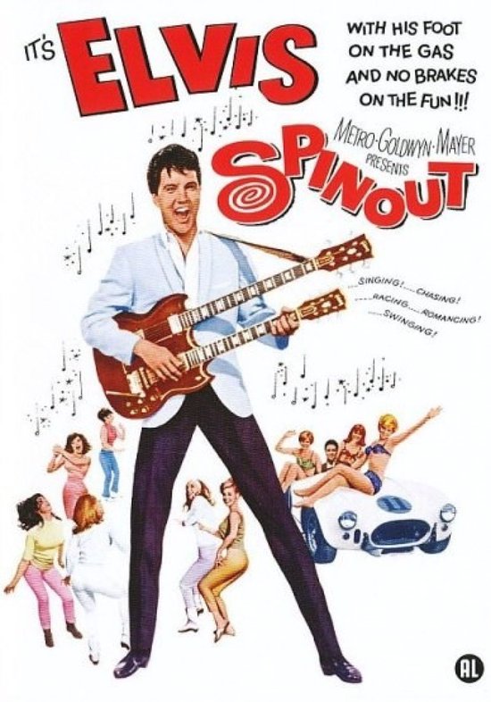 Elvis Presley met een dubbele gitaar, film 'Spinout'. Met zingende, racende, romantische en swingende vrouwen.