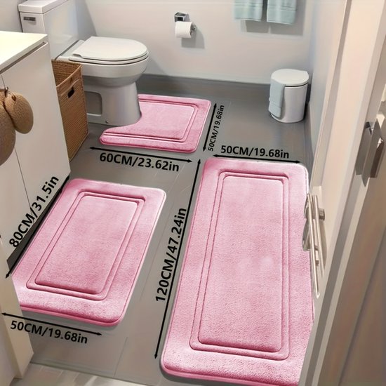 Set van 3 ultra-absorberende badmatten | Antislip polyester badmatten voor bad en douche - comfortabel en zacht - decoratieve vloermatten van Aijing - Roze