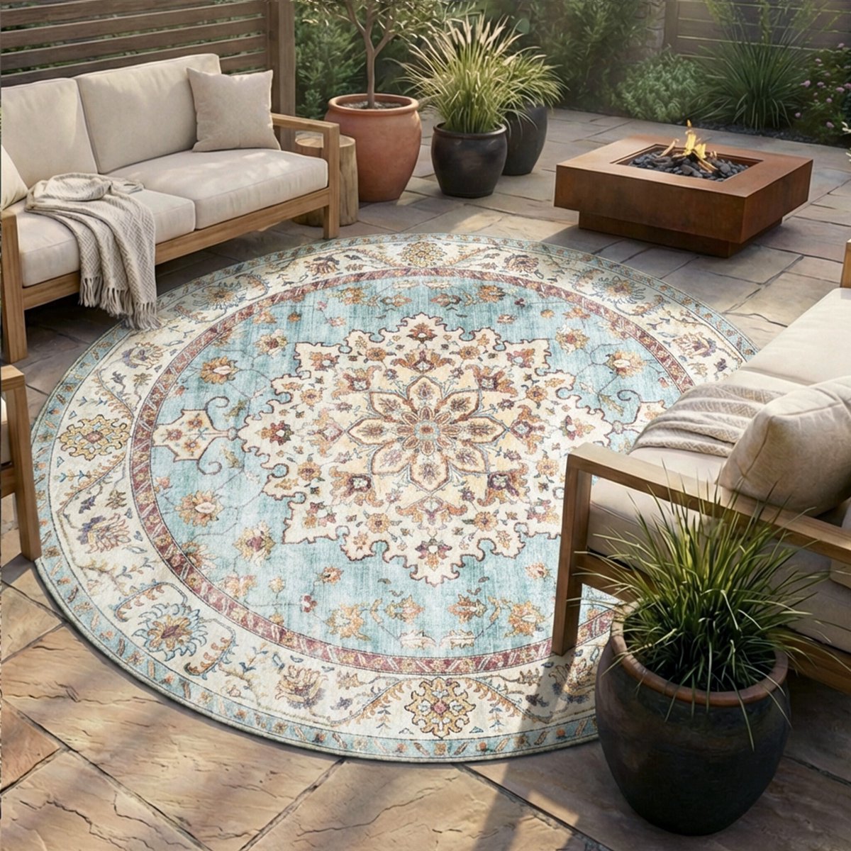 Fraai Rond vintage buitenkleed - Santo Medaillon Lichtblauw - Ø 160cm