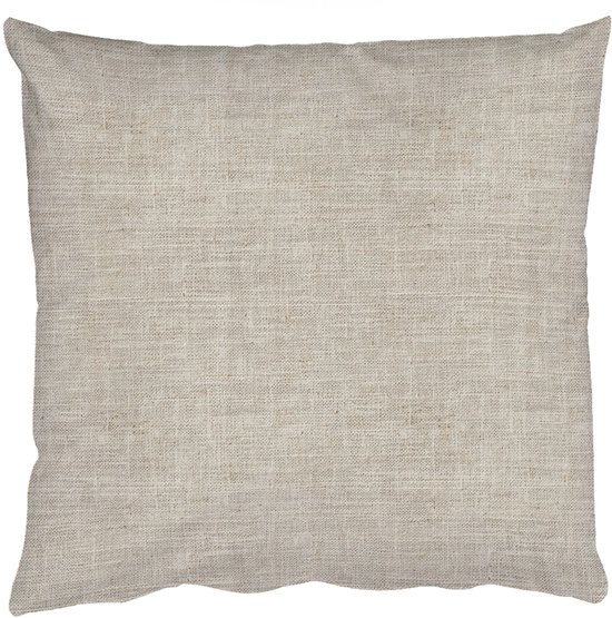 Coussin décoratif beige en lin à la texture brute.