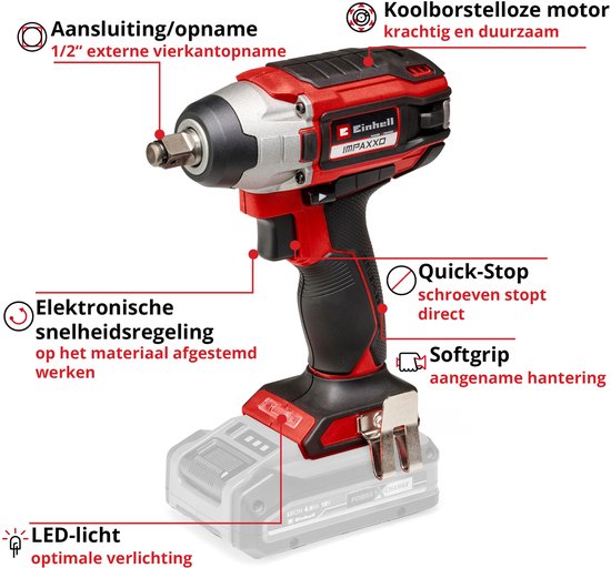 Einhell IMPAXXO 18/230 Li slagschroevendraaier met rode en zwarte details, softgrip en LED-lampje. Met labels in het Nederlands: 'Koolborstelloze motor', 'Quick-Stop', 'Softgrip', 'Elektronische snelheidsregeling', 'LED-licht'.