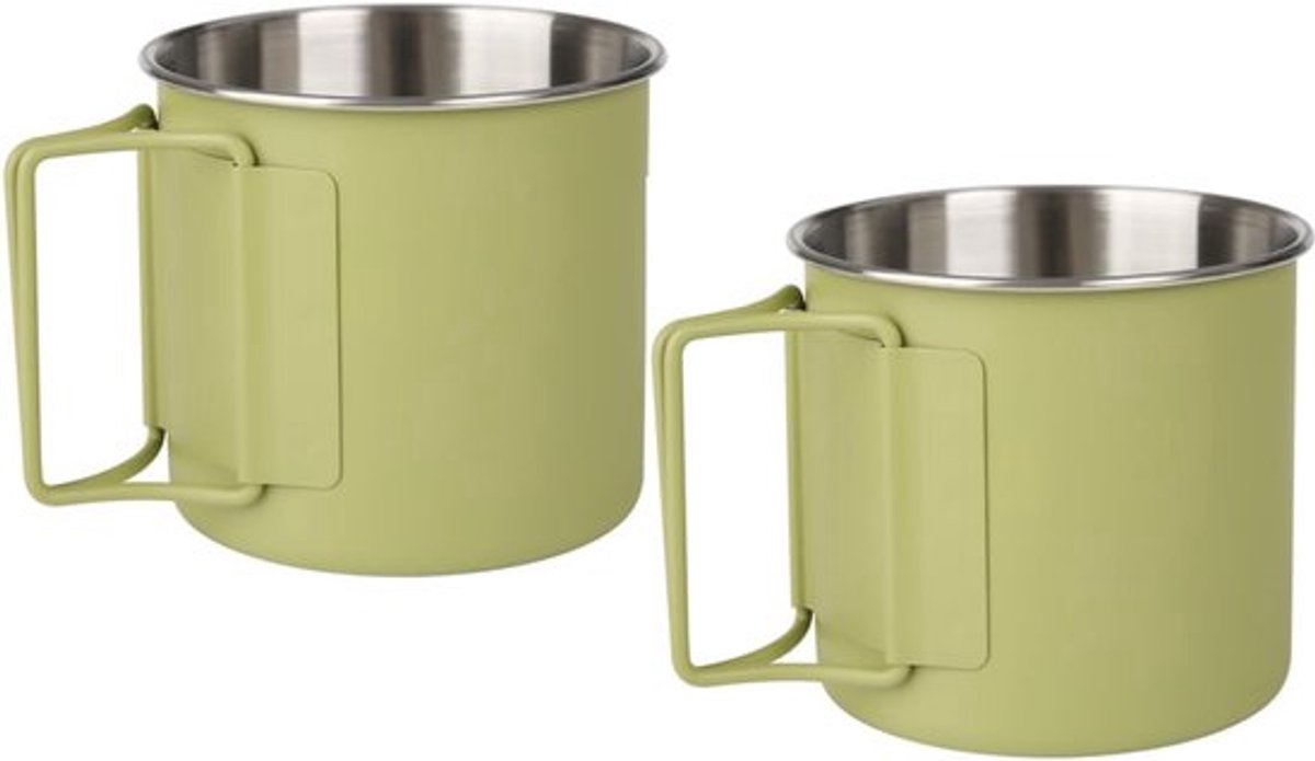 Kampeerbeker - 2 stuks pakket - met opvouwbare handvat - roestvrij staal - Kampeerbeker set - Kampeerbeker koffie - draagbare 12 oz kampeerbeker - geschikt voor outdoor picknick / wandelen / backpacking reizen