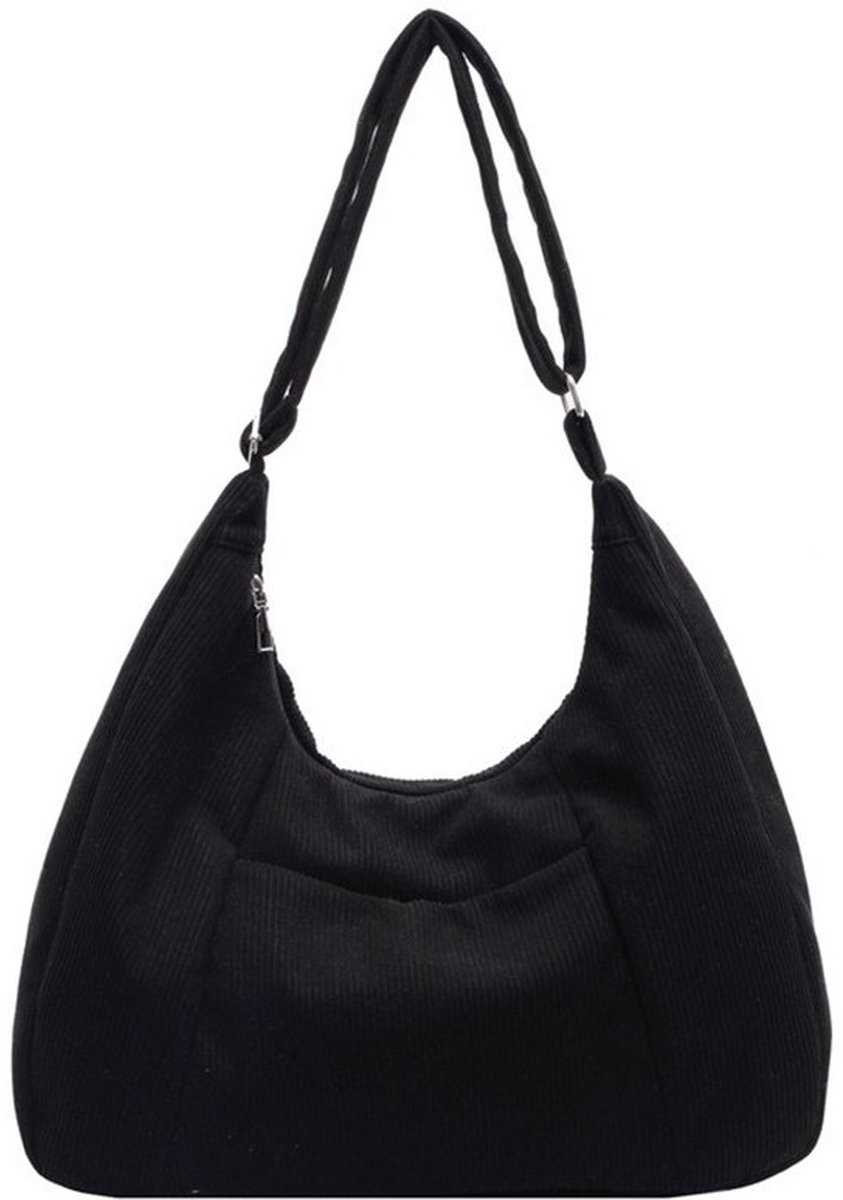 Dames Corduroy Schoudertas - Multifunctionele Halve Maan Tote Bag - Grote Capaciteit Reistas - Zwart (39x44x15cm)
